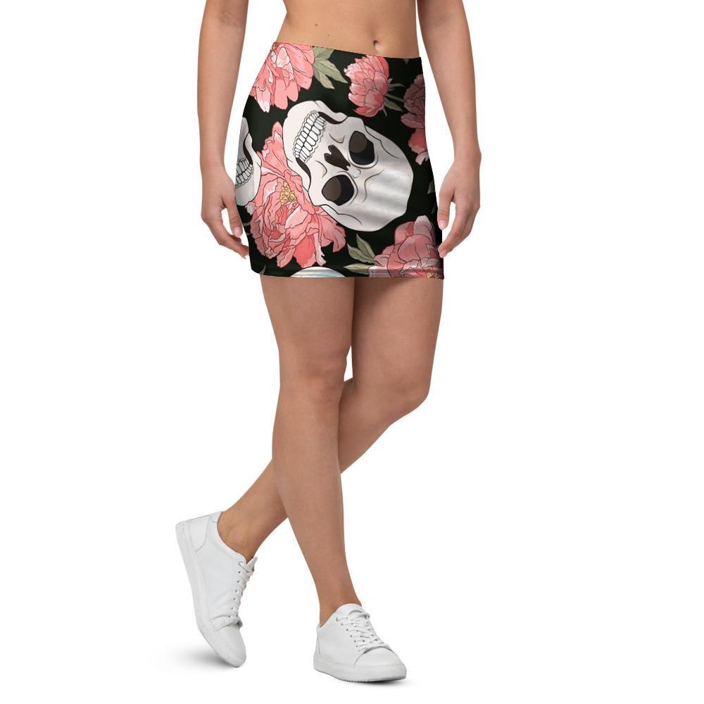 Pink Peony Skull Mini Skirt-grizzshop