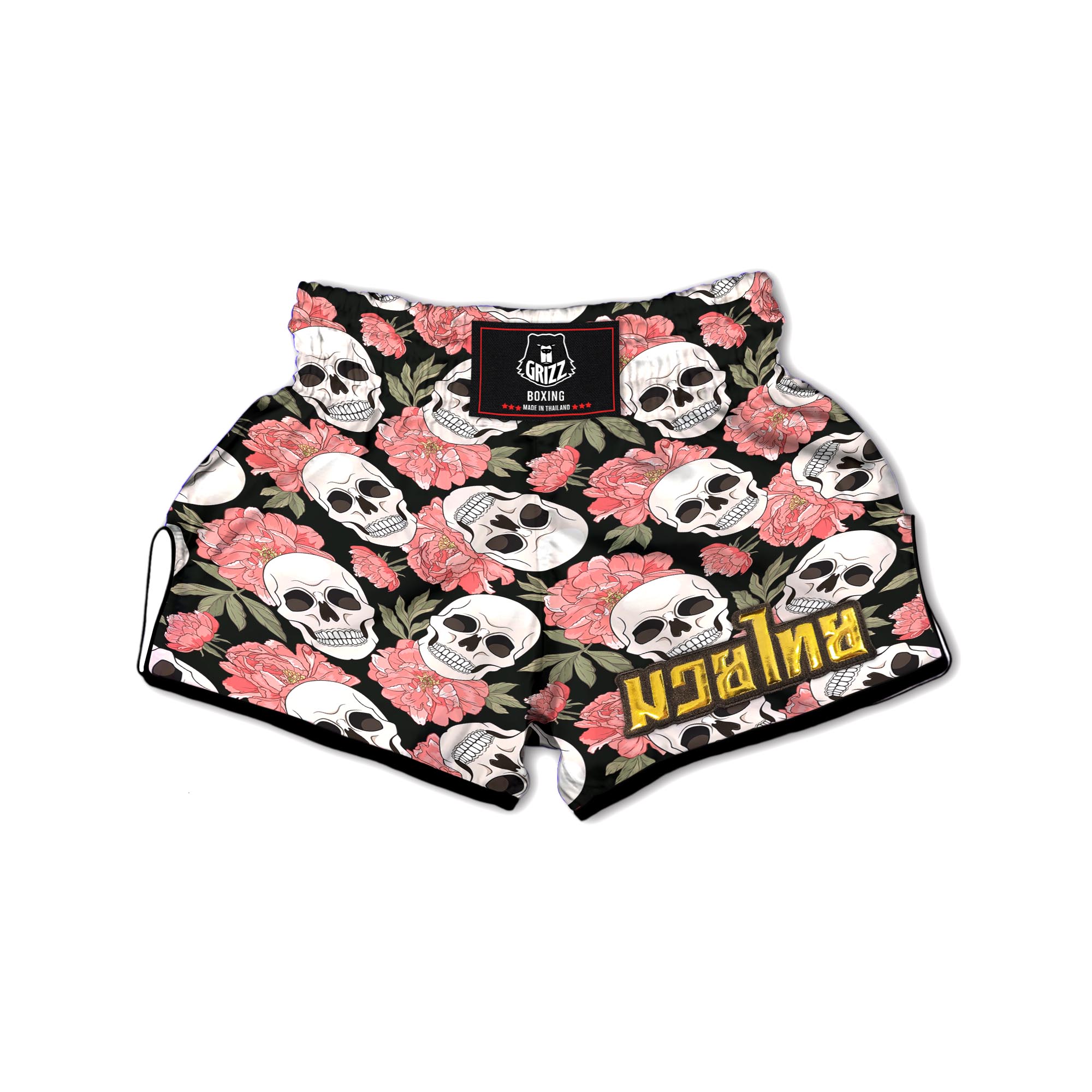 Pink Peony Skull Muay Thai Boxing Shorts-grizzshop