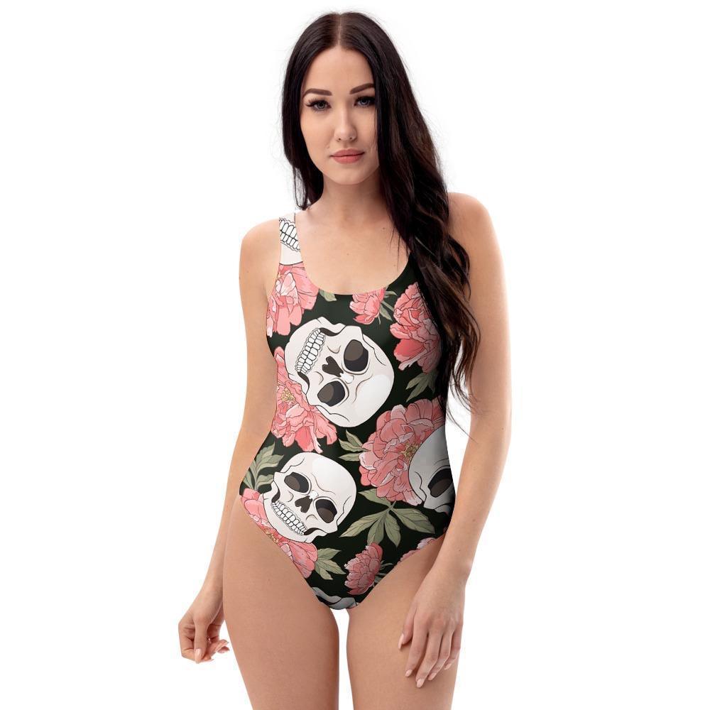 Pink Peony Skull One Piece Swimsuite-grizzshop