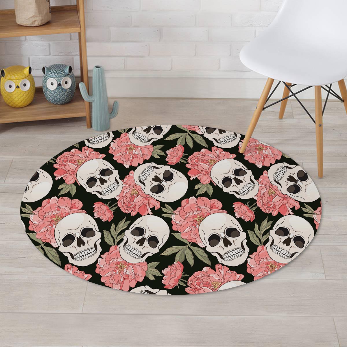 Pink Peony Skull Round Rug-grizzshop