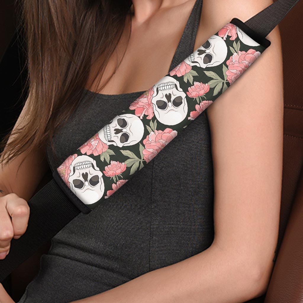 Pink Peony Skull Seat Belt Cover-grizzshop