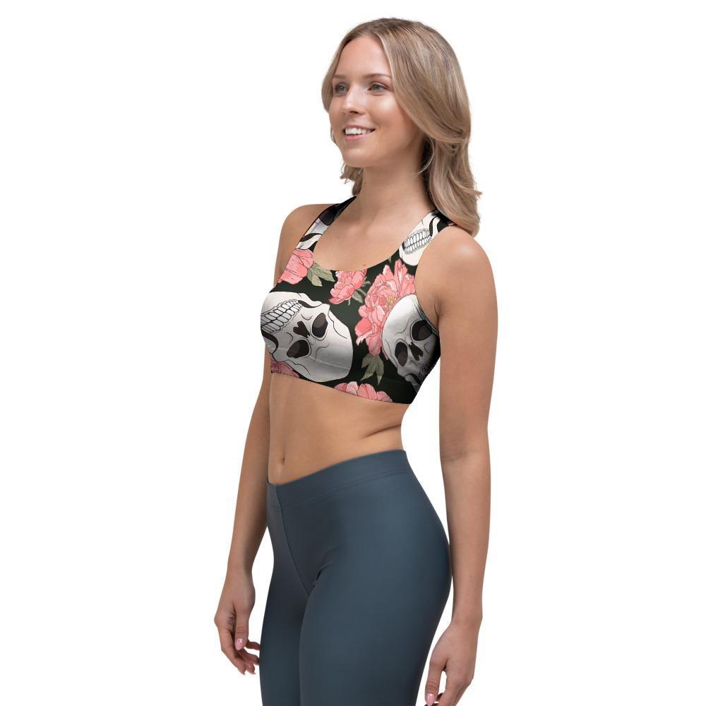 Pink Peony Skull Sports Bra-grizzshop