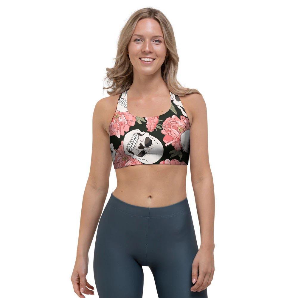 Pink Peony Skull Sports Bra-grizzshop