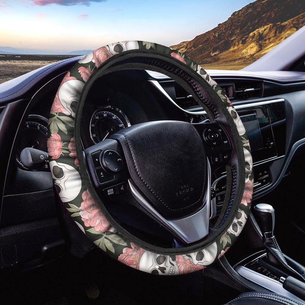 Pink Peony Skull Steering Wheel Cover-grizzshop