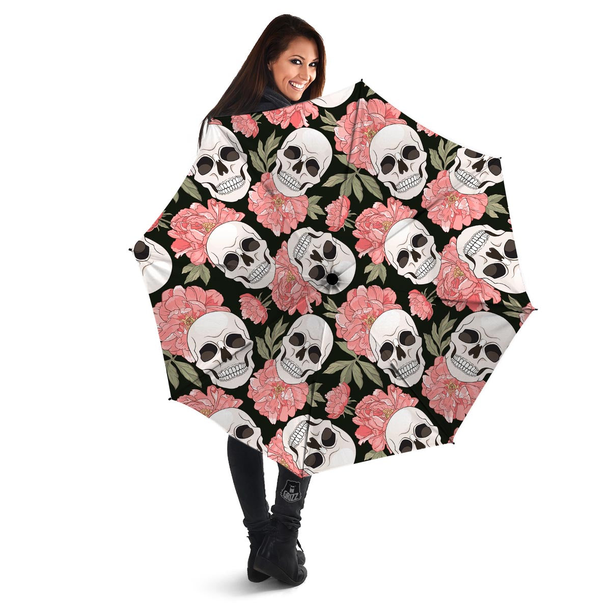 Pink Peony Skull Umbrella-grizzshop