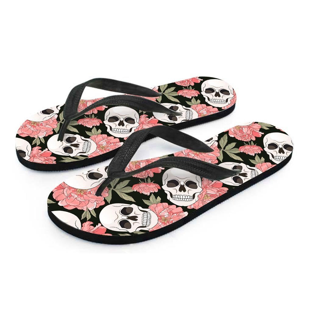 Pink Peony Skull Women's Flip Flops-grizzshop
