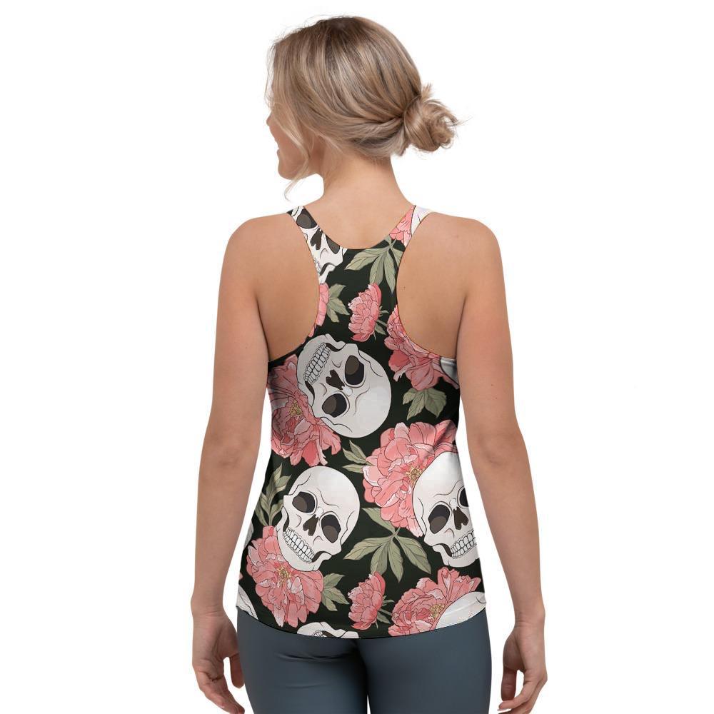 Pink Peony Skull Women's Racerback Tank Top-grizzshop