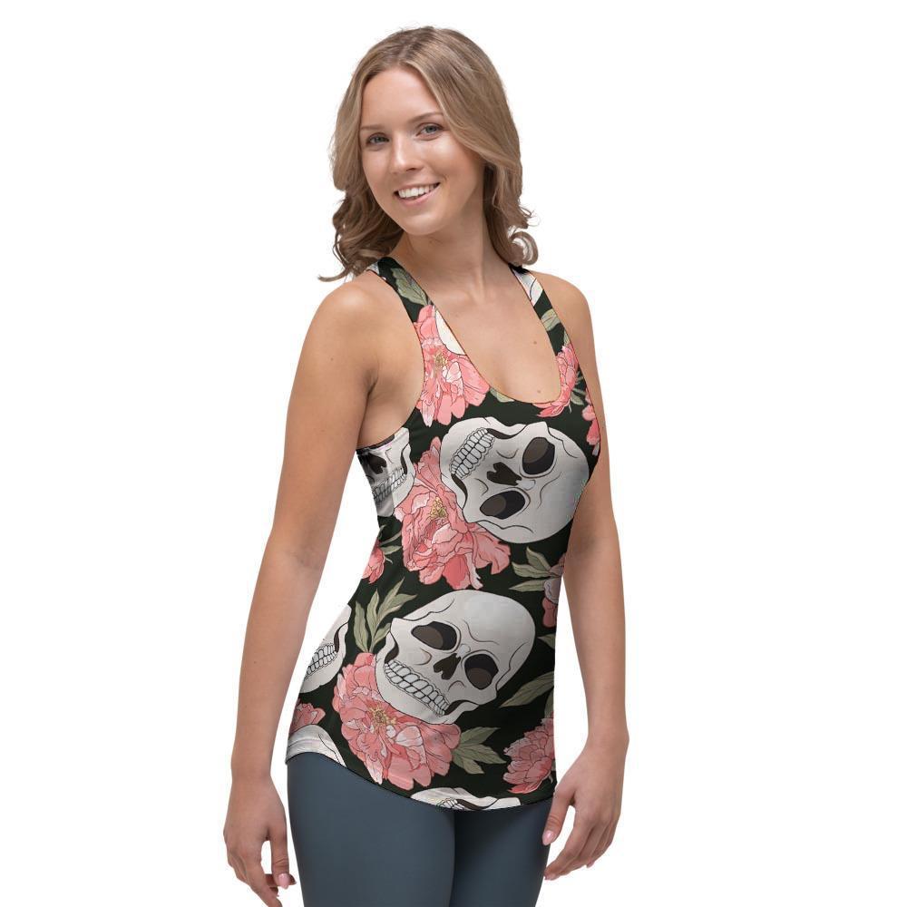 Pink Peony Skull Women's Racerback Tank Top-grizzshop