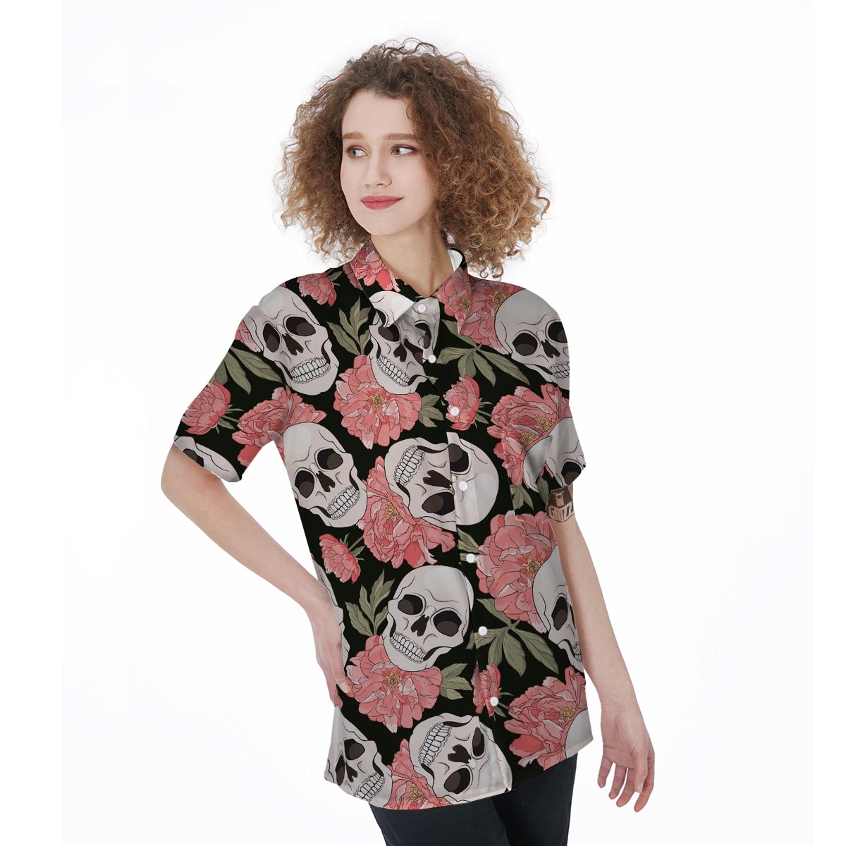 Pink Peony Skull Women's Short Sleeve Shirts-grizzshop