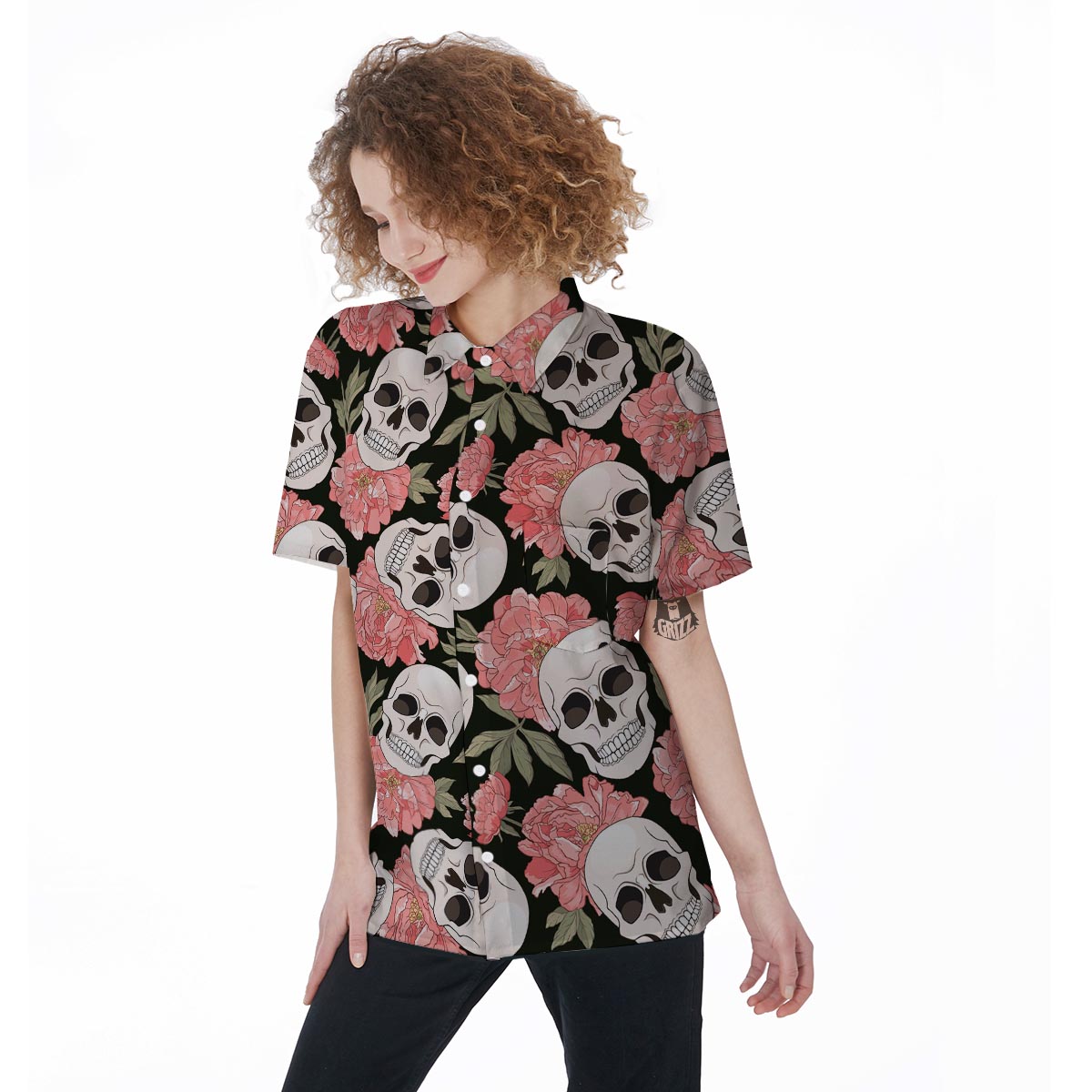 Pink Peony Skull Women's Short Sleeve Shirts-grizzshop