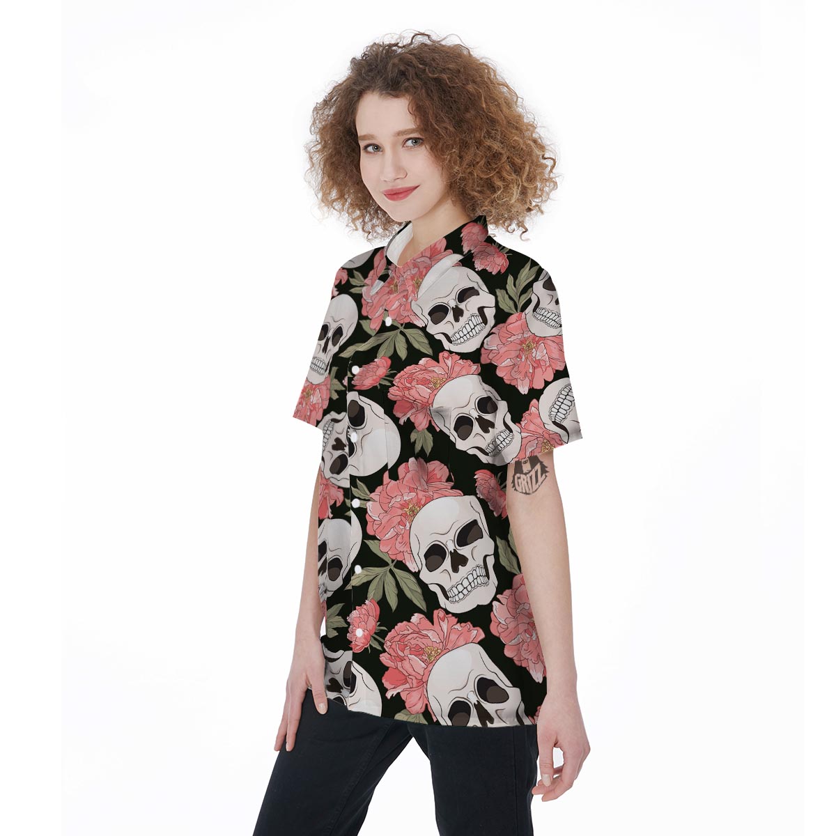 Pink Peony Skull Women's Short Sleeve Shirts-grizzshop