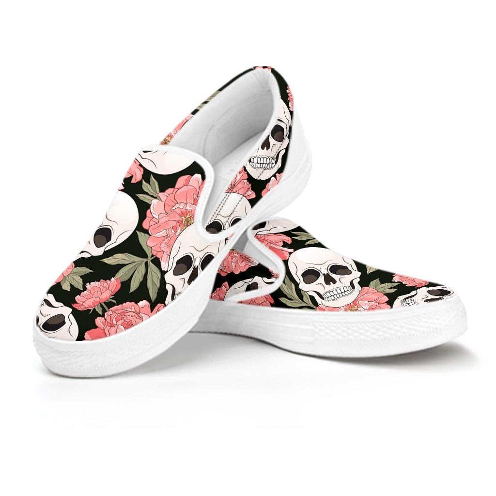 Pink Peony Skull Women's Slip On Sneakers-grizzshop