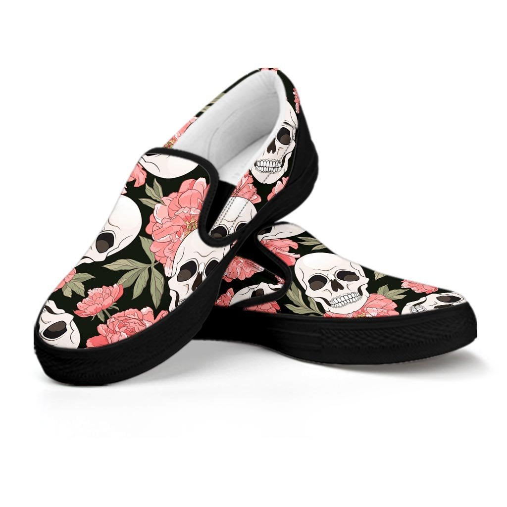 Pink Peony Skull Women's Slip On Sneakers-grizzshop