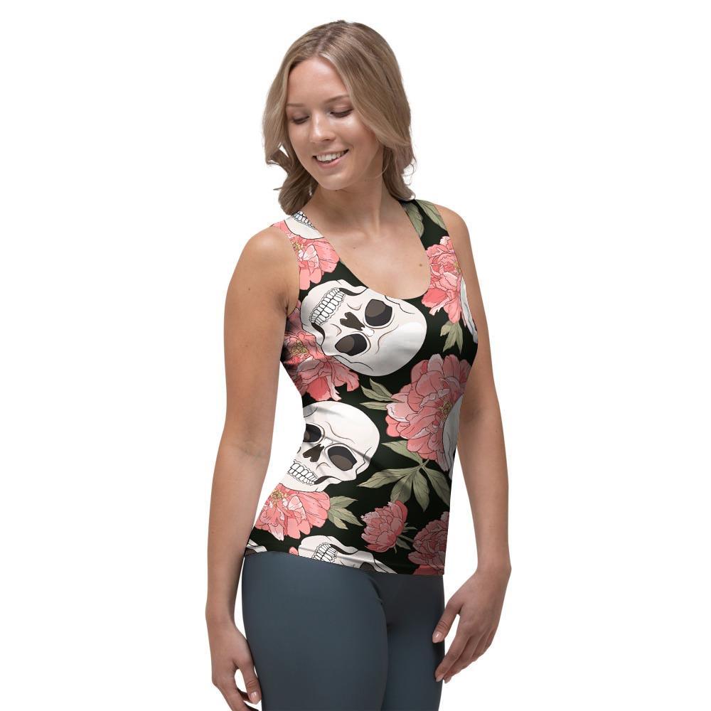 Pink Peony Skull Women's Tank Top-grizzshop