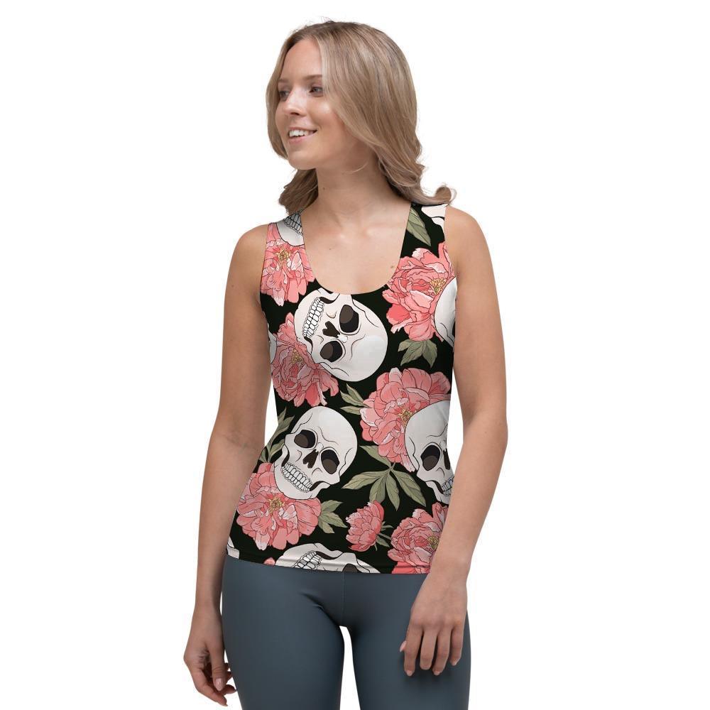Pink Peony Skull Women's Tank Top-grizzshop