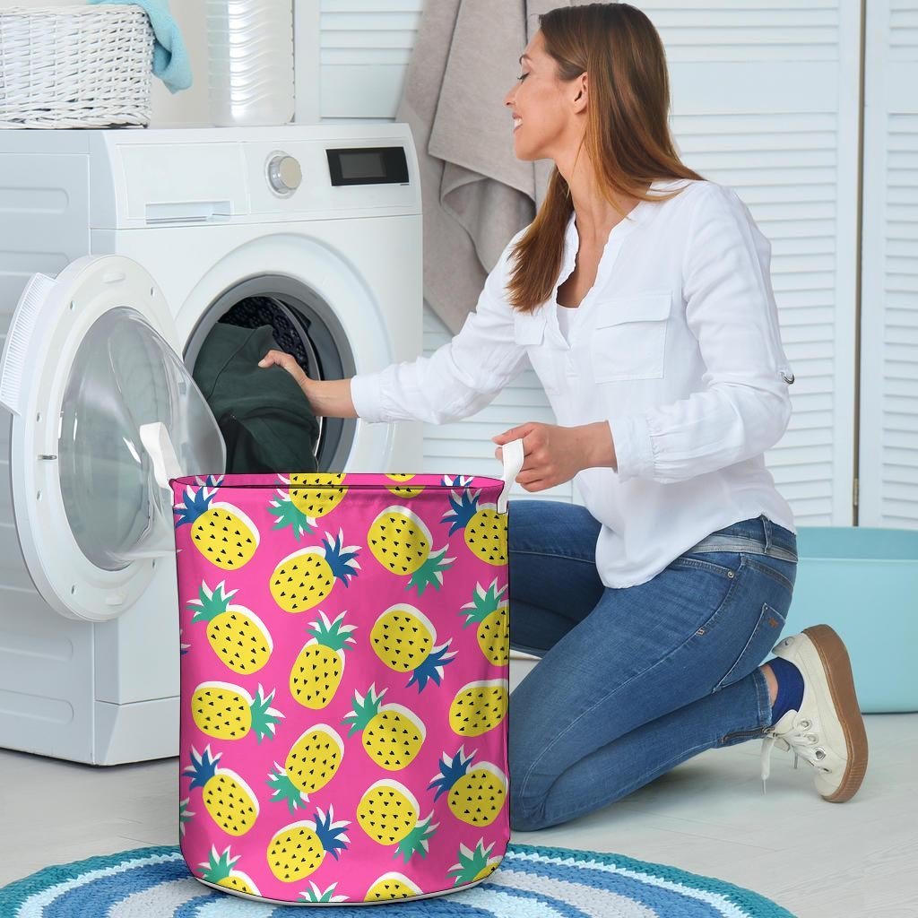 Pink Pineapple Print Laundry Basket-grizzshop