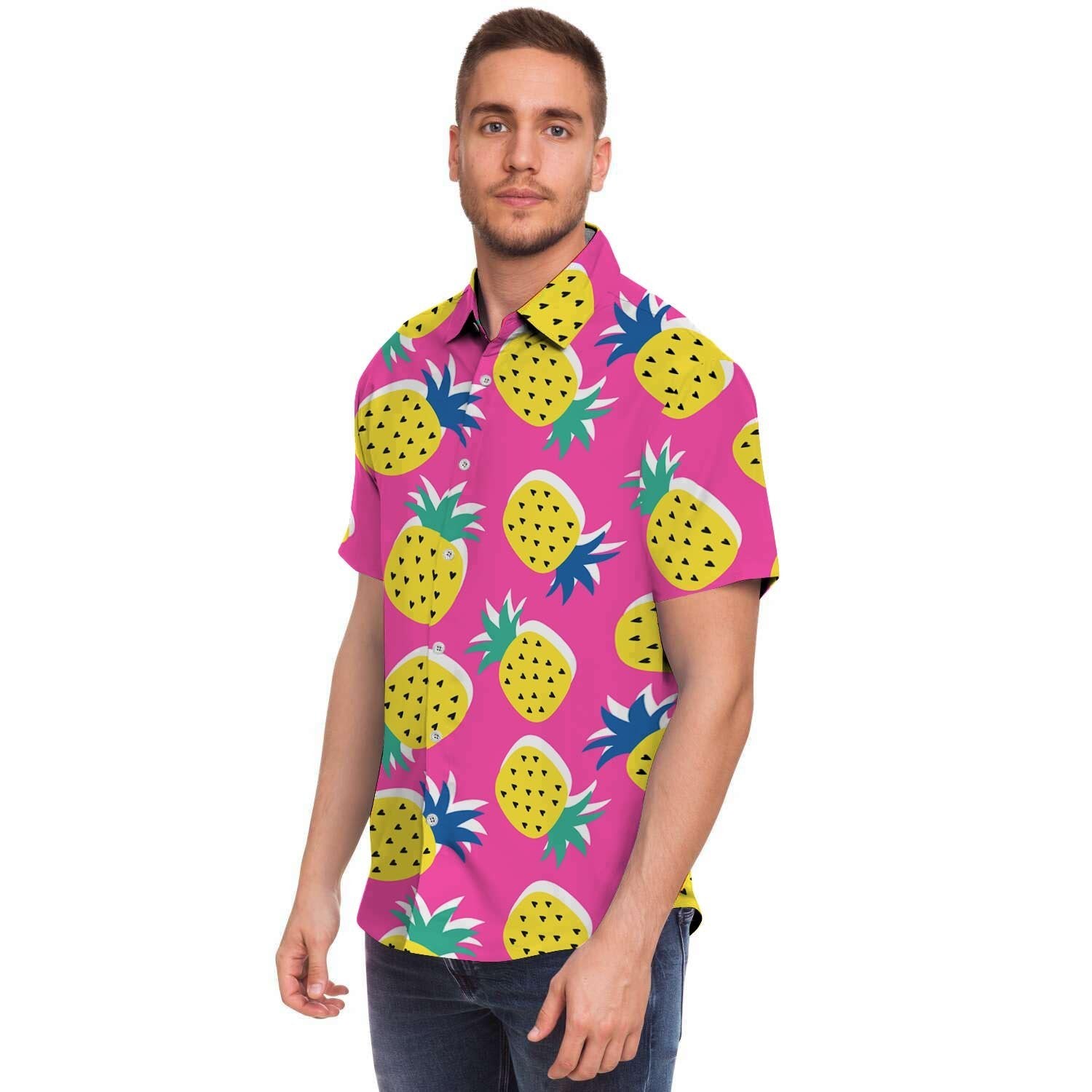 Pink Pineapple Print Men's Short Sleeve Shirt-grizzshop