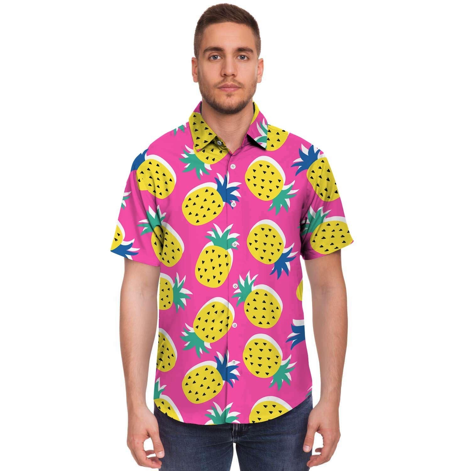 Pink Pineapple Print Men's Short Sleeve Shirt-grizzshop