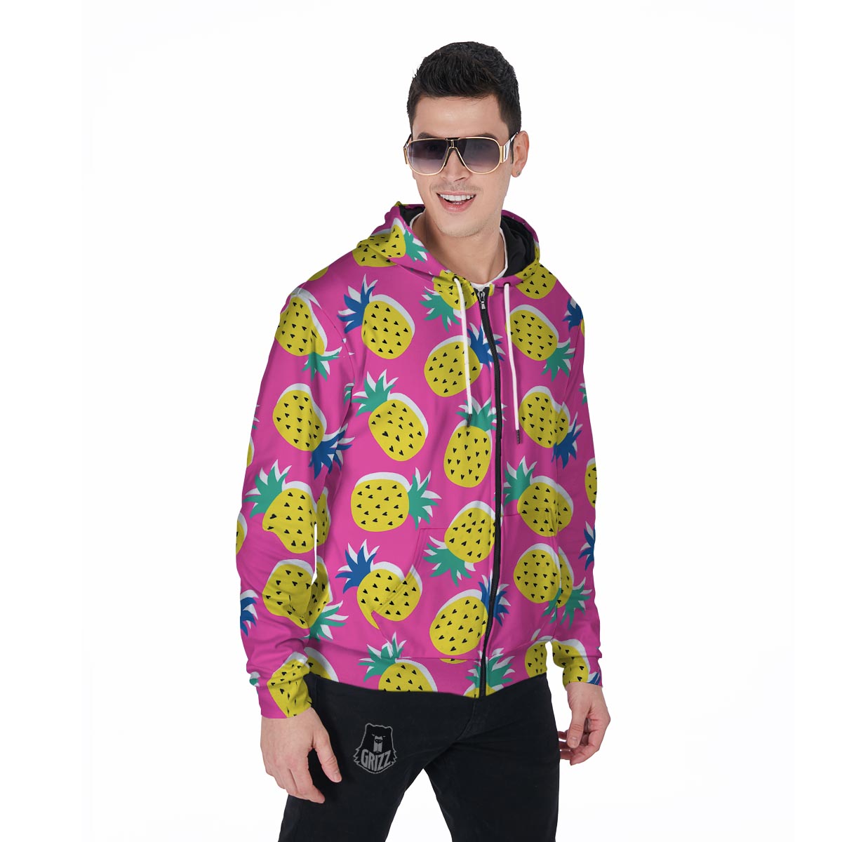 Pink Pineapple Print Men's Zip Up Hoodie-grizzshop