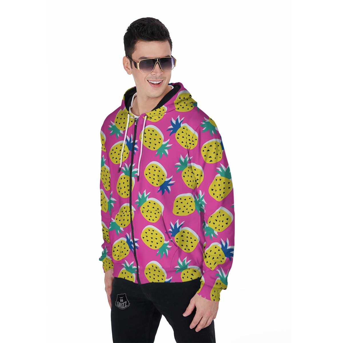 Pink Pineapple Print Men's Zip Up Hoodie-grizzshop