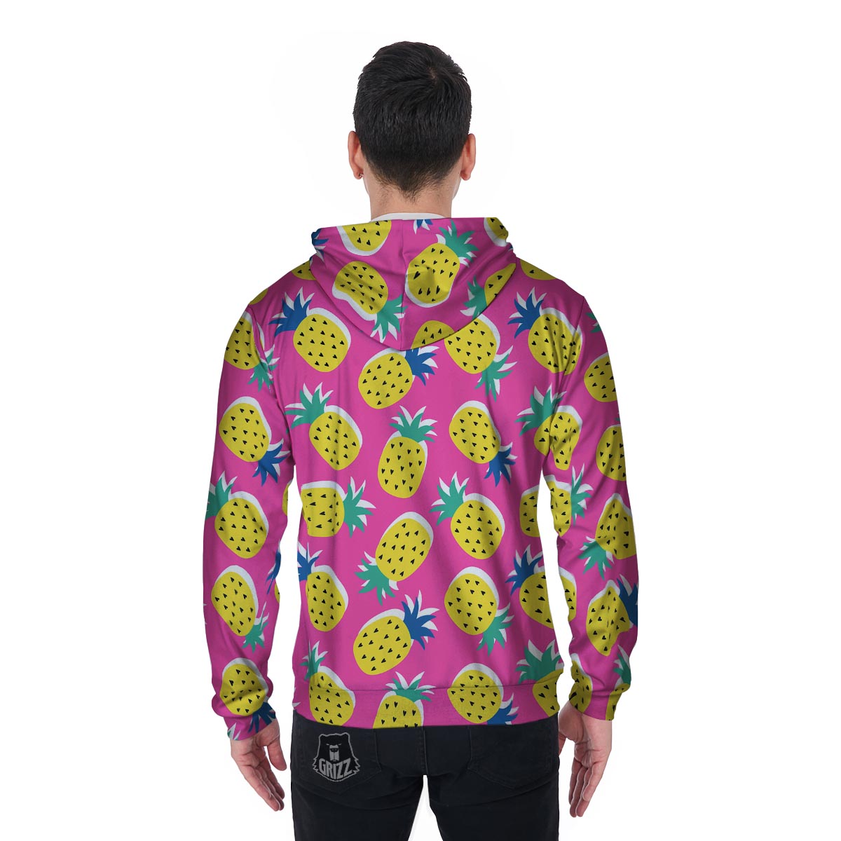 Pink Pineapple Print Men's Zip Up Hoodie-grizzshop
