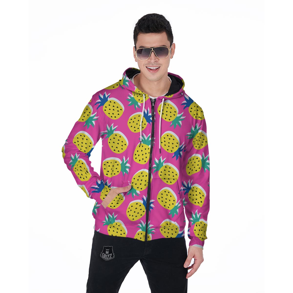 Pink Pineapple Print Men's Zip Up Hoodie-grizzshop