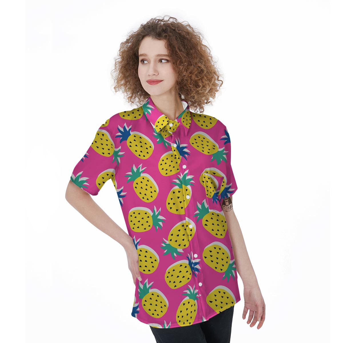 Pink Pineapple Print Women's Short Sleeve Shirts-grizzshop