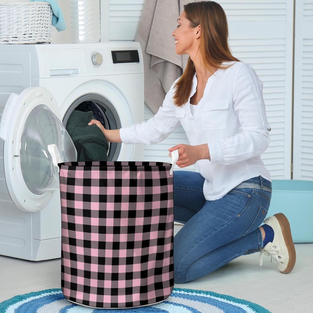 Pink Plaid Laundry Basket-grizzshop