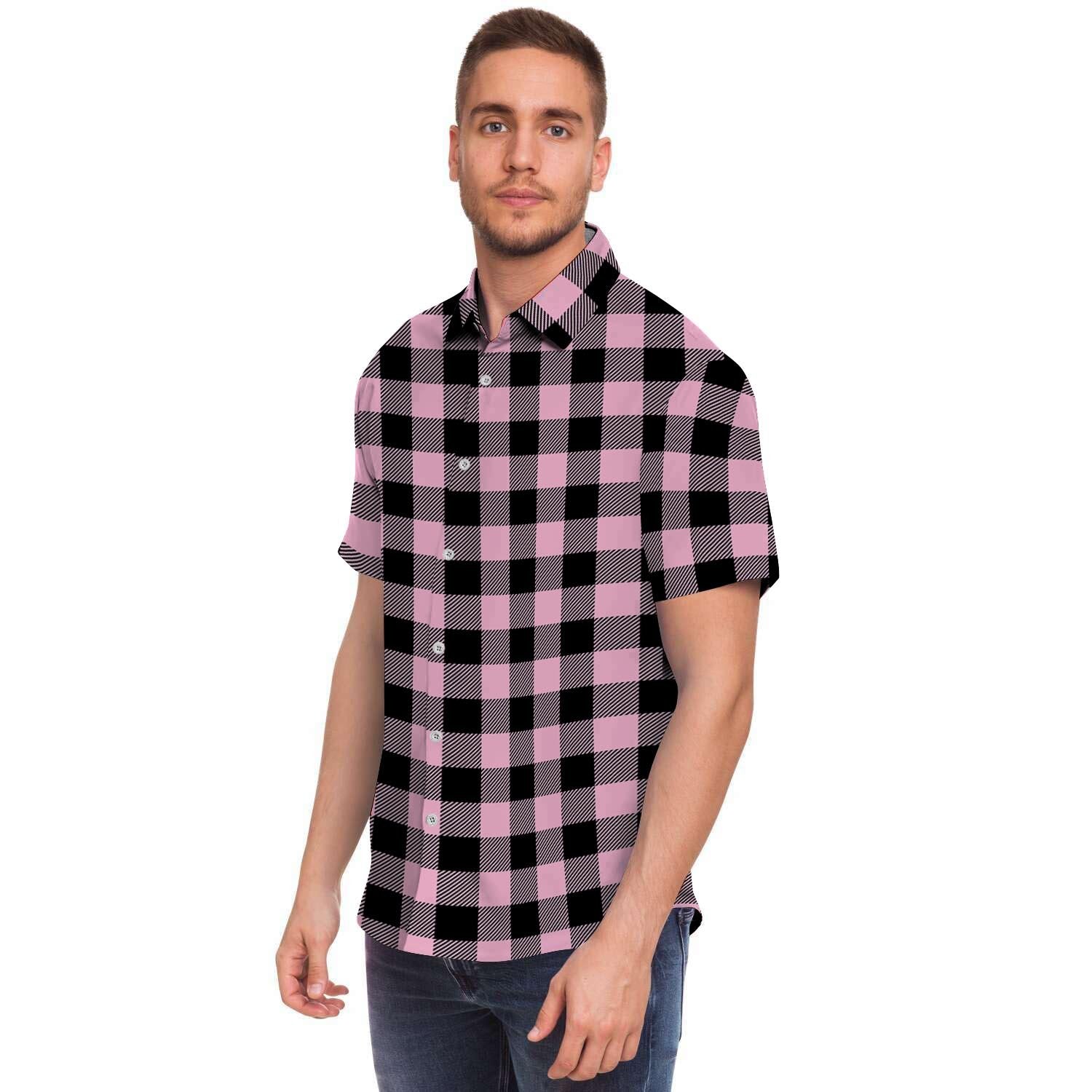 Pink Plaid Men's Short Sleeve Shirt-grizzshop