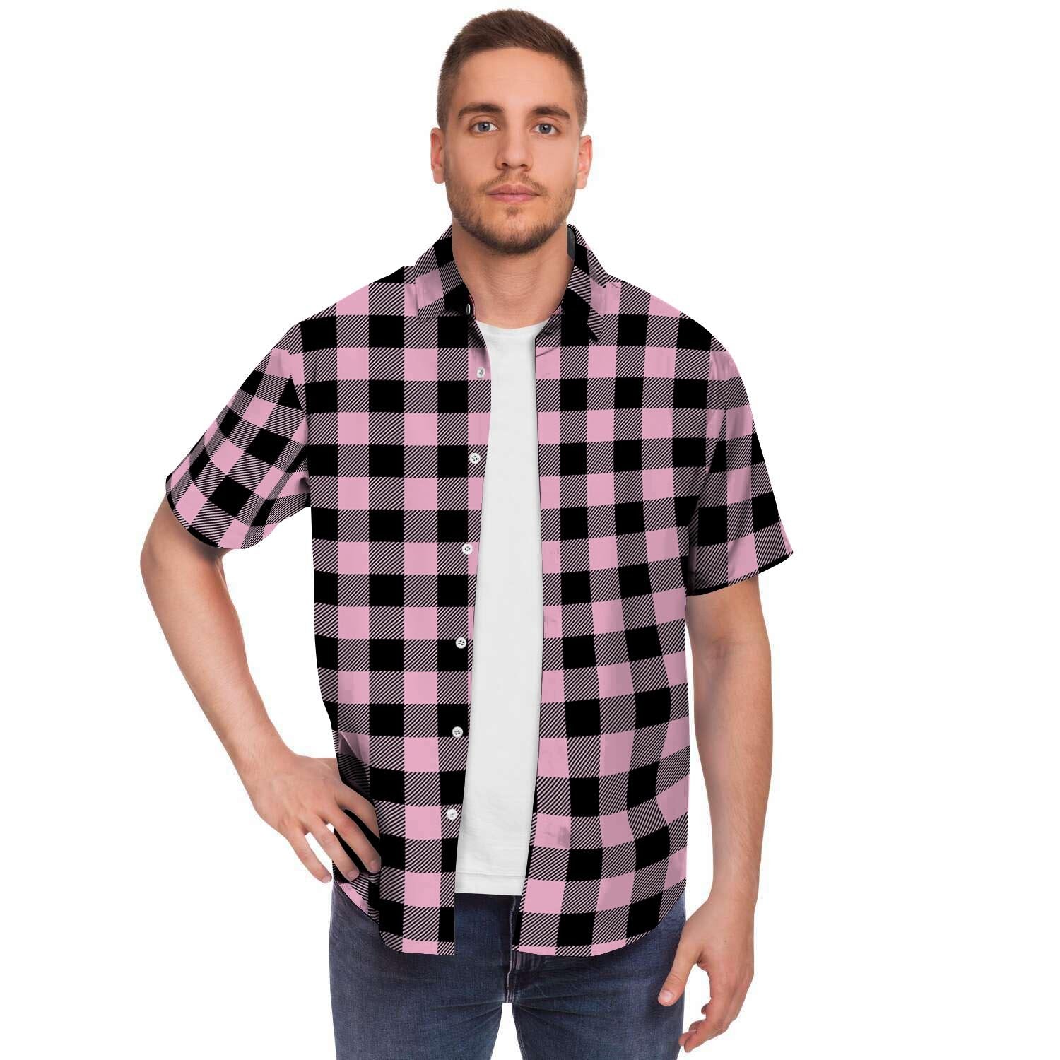 Pink Plaid Men's Short Sleeve Shirt-grizzshop
