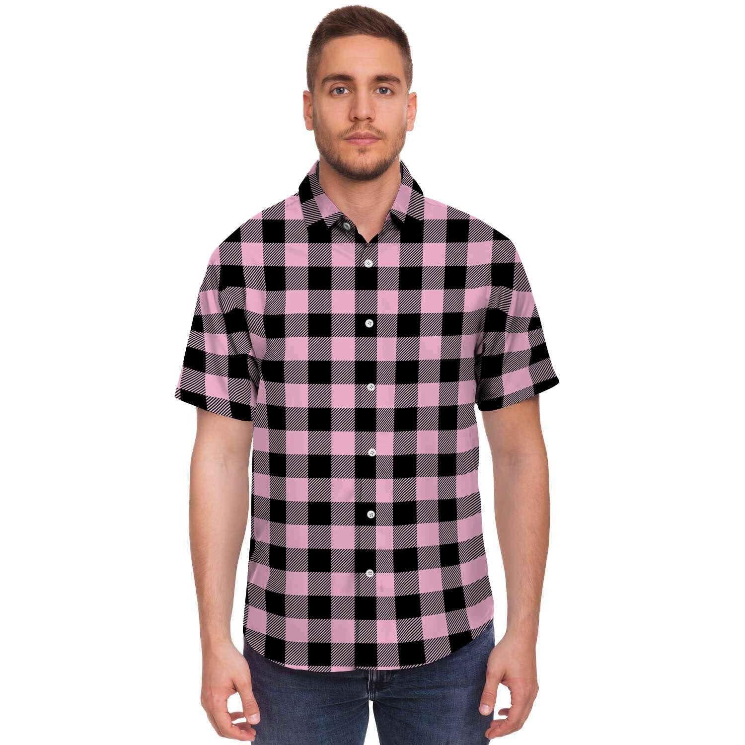 Pink Plaid Men's Short Sleeve Shirt-grizzshop