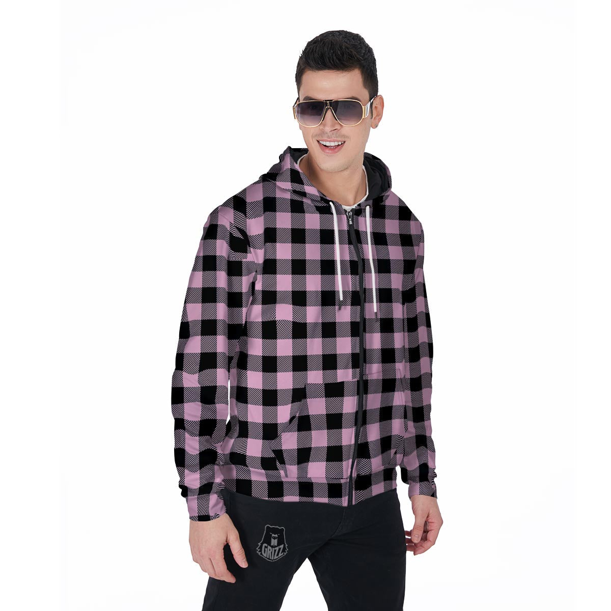 Pink Plaid Men's Zip Up Hoodie-grizzshop