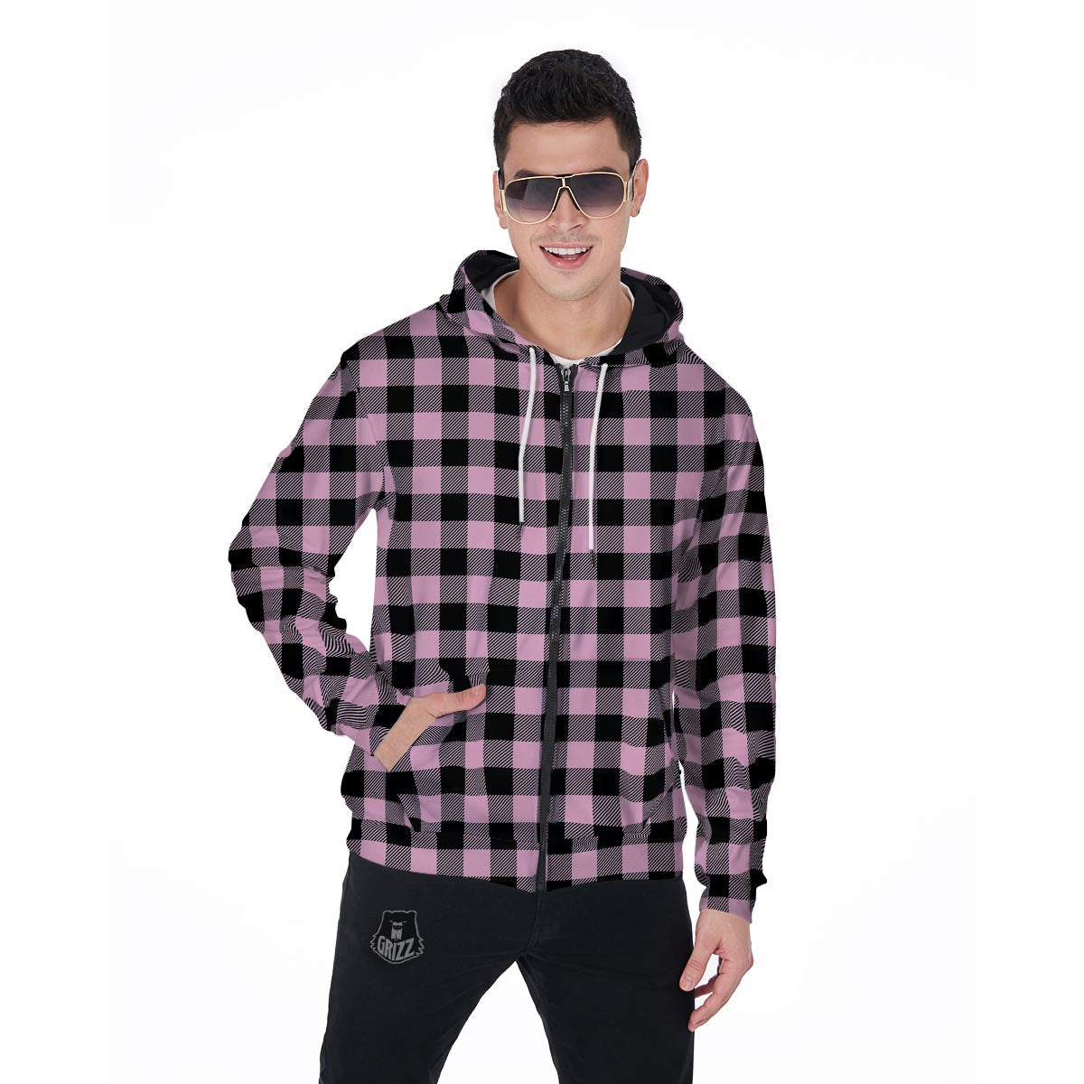 Pink Plaid Men's Zip Up Hoodie-grizzshop