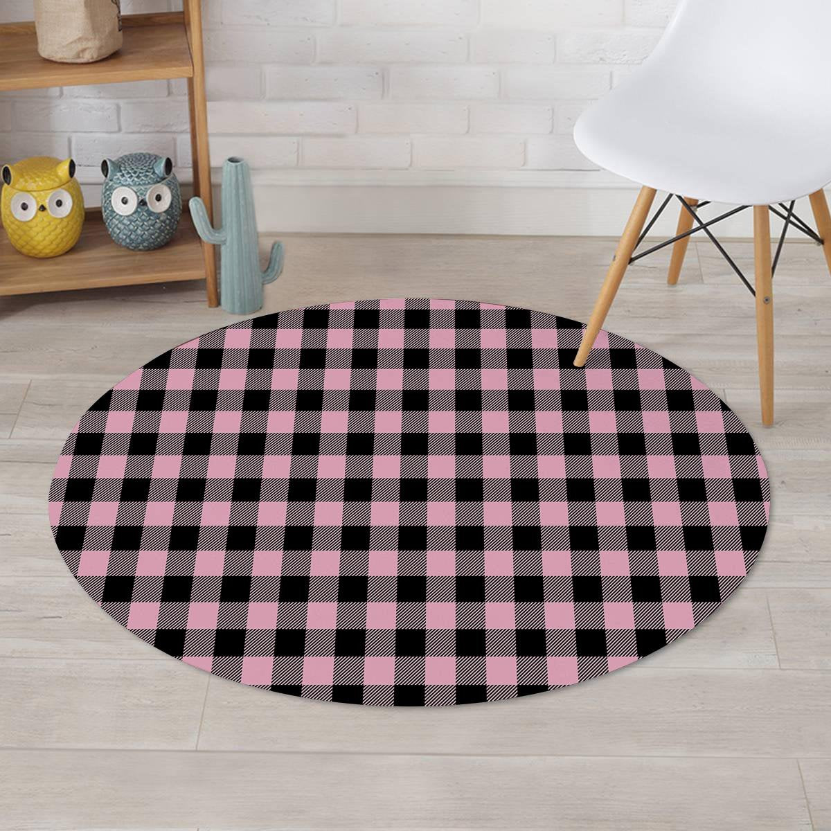 Pink Plaid Round Rug-grizzshop