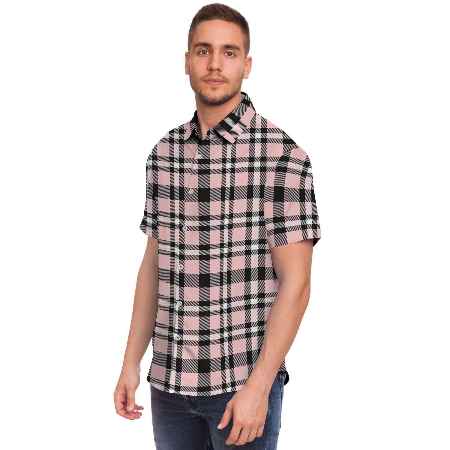 Pink Plaid Tartan Men's Short Sleeve Shirt-grizzshop
