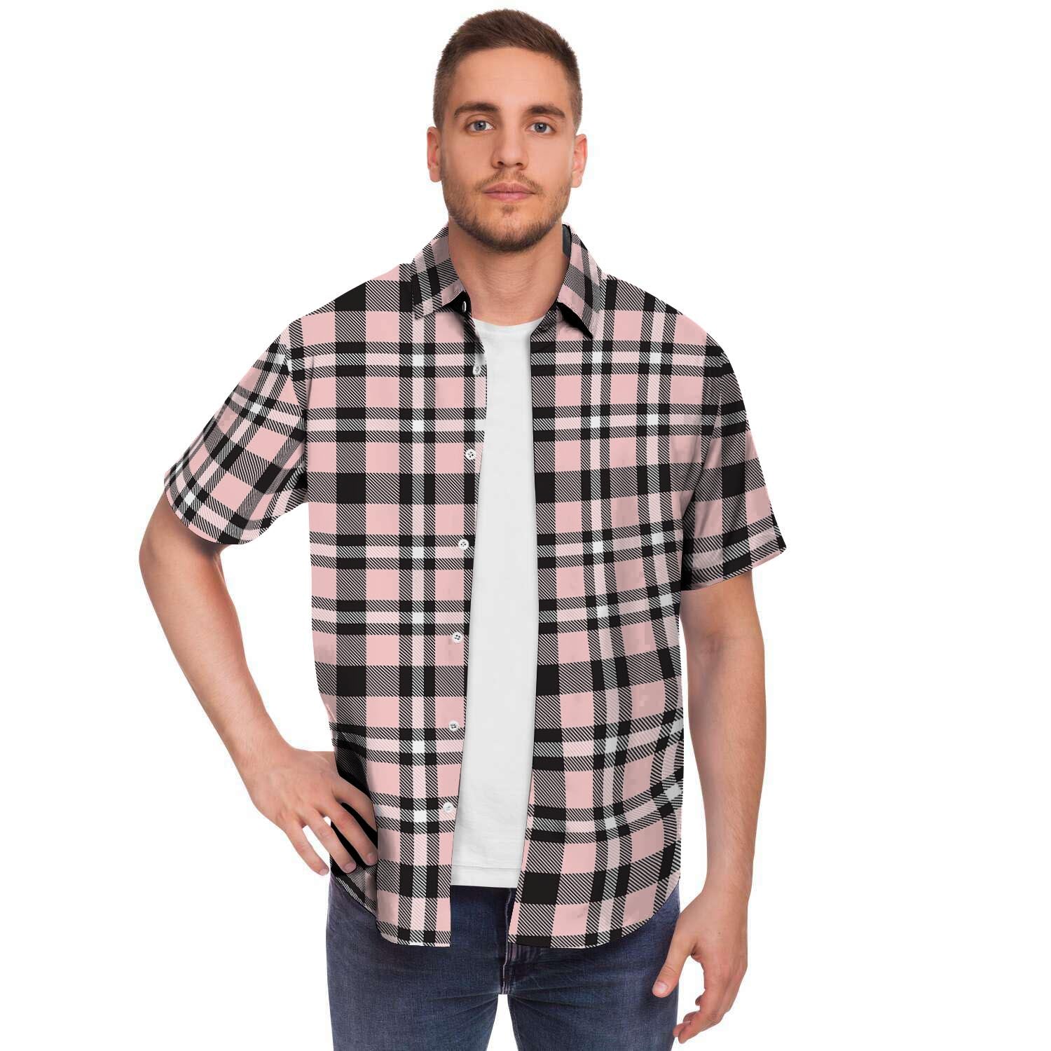Pink Plaid Tartan Men's Short Sleeve Shirt-grizzshop