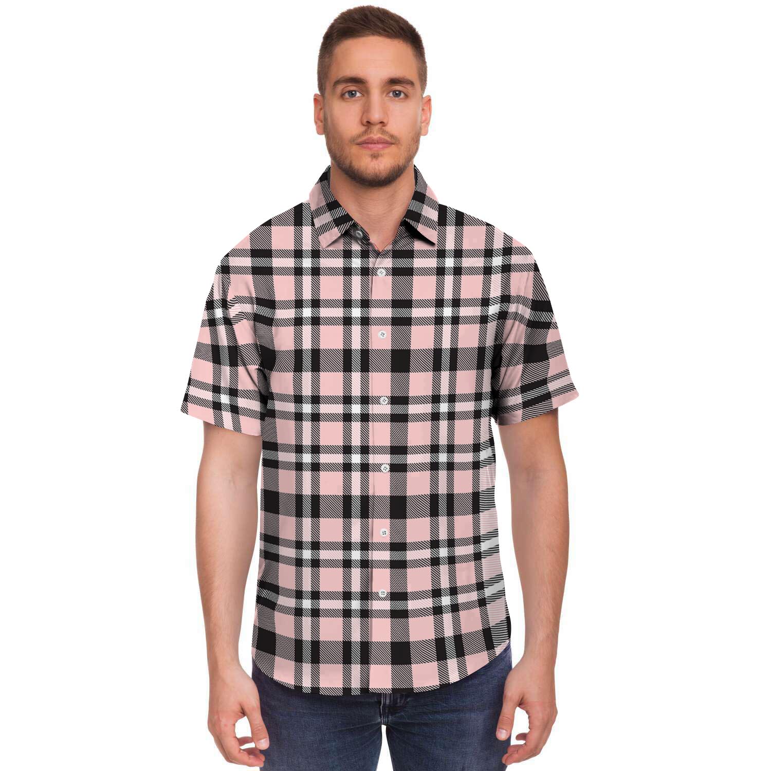 Pink Plaid Tartan Men's Short Sleeve Shirt-grizzshop