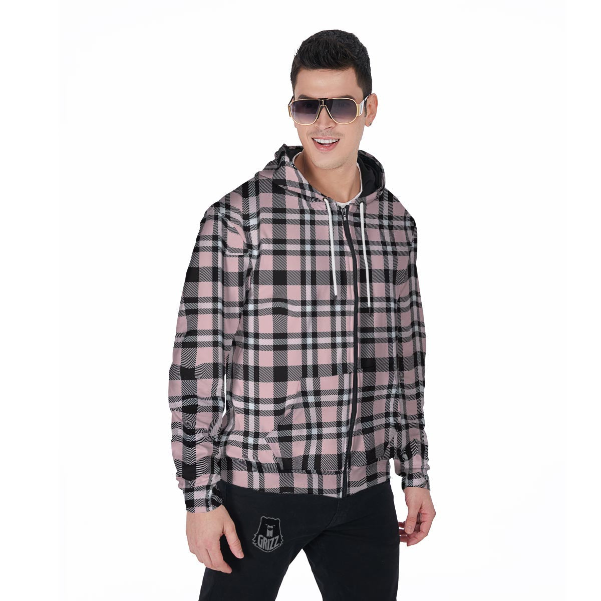 Pink Plaid Tartan Men's Zip Up Hoodie-grizzshop