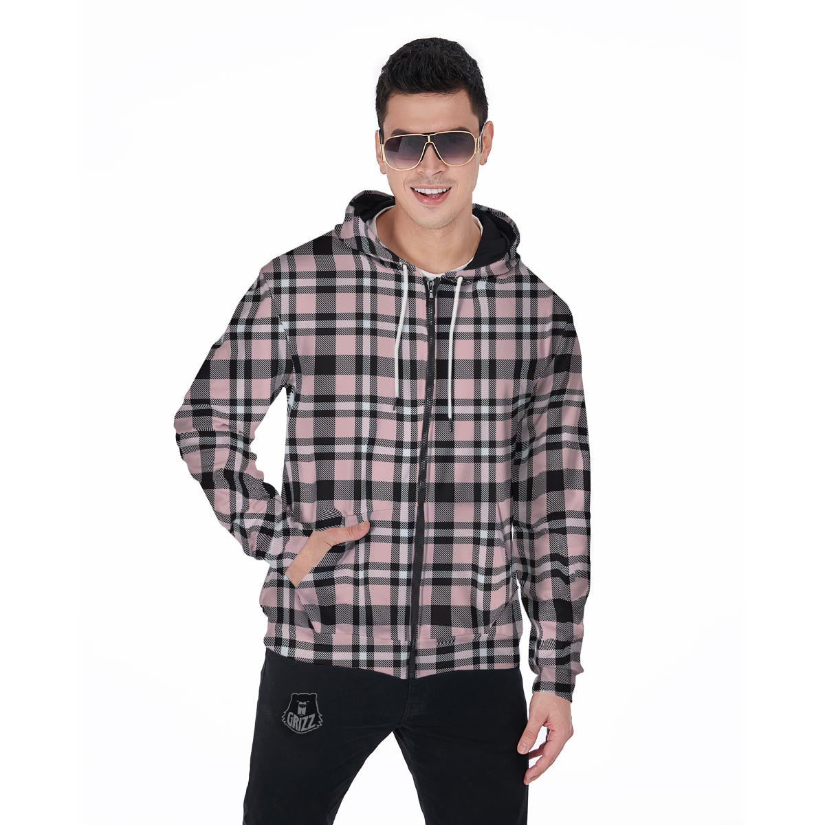 Pink Plaid Tartan Men's Zip Up Hoodie-grizzshop