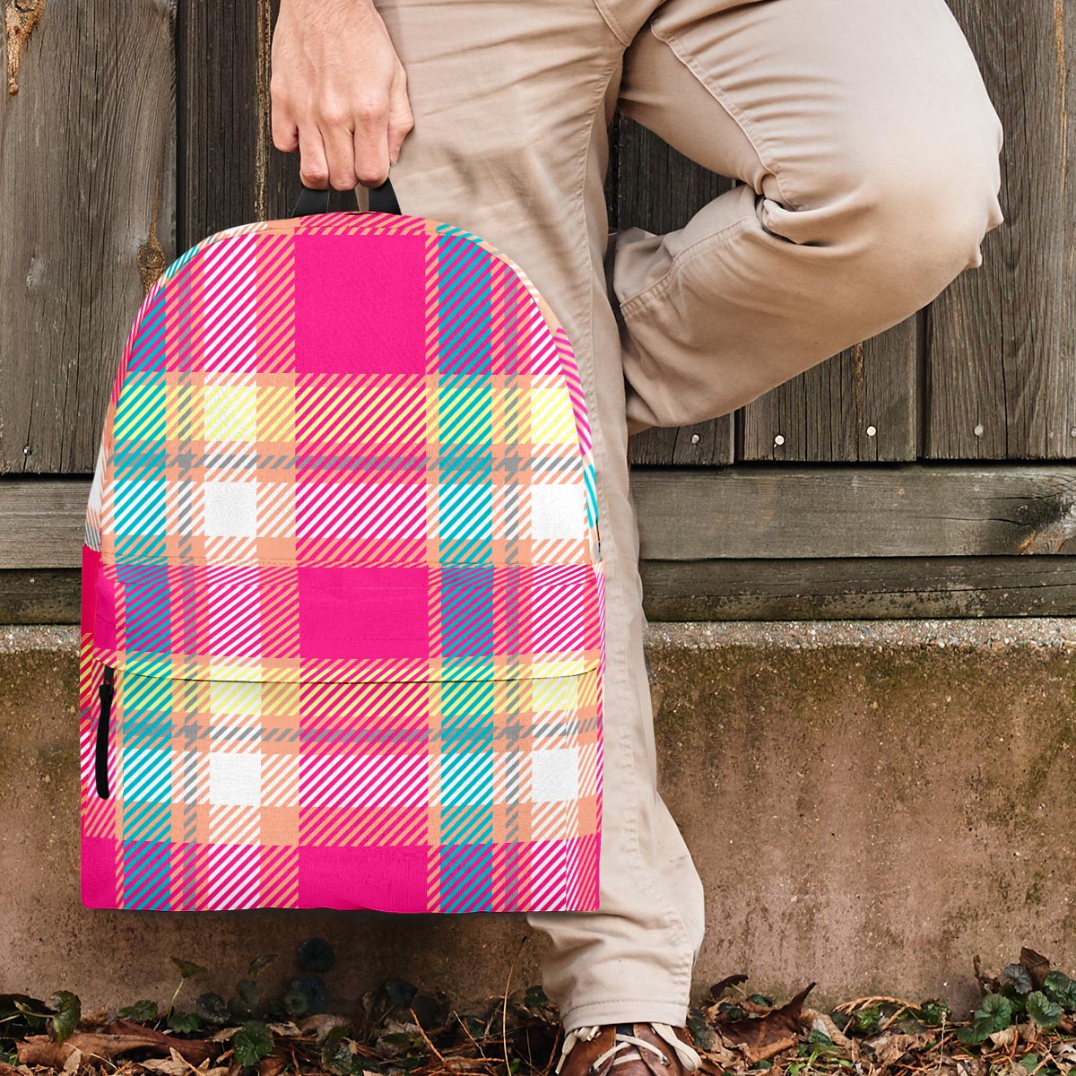 Pink Plaid Tartan Print Backpack-grizzshop