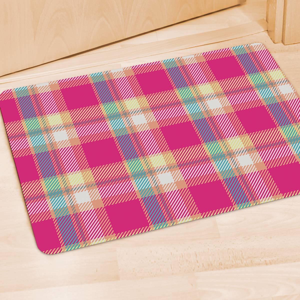 Pink Plaid Tartan Print Door Mat-grizzshop