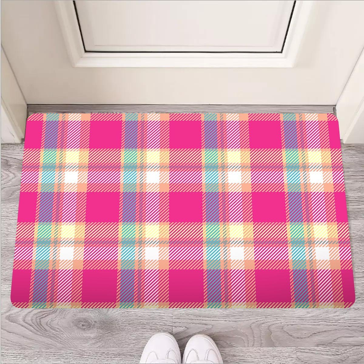 Pink Plaid Tartan Print Door Mat-grizzshop