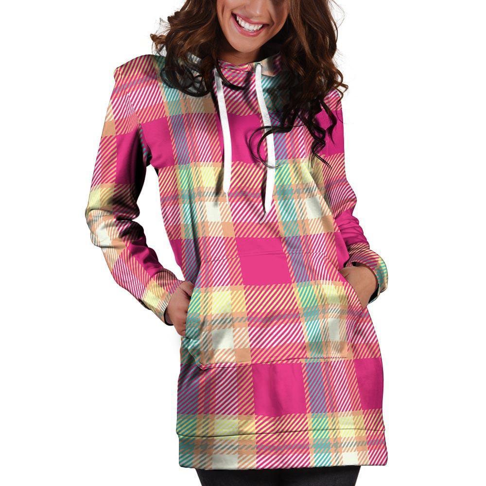 Pink Plaid Tartan Print Hoodie Dress-grizzshop