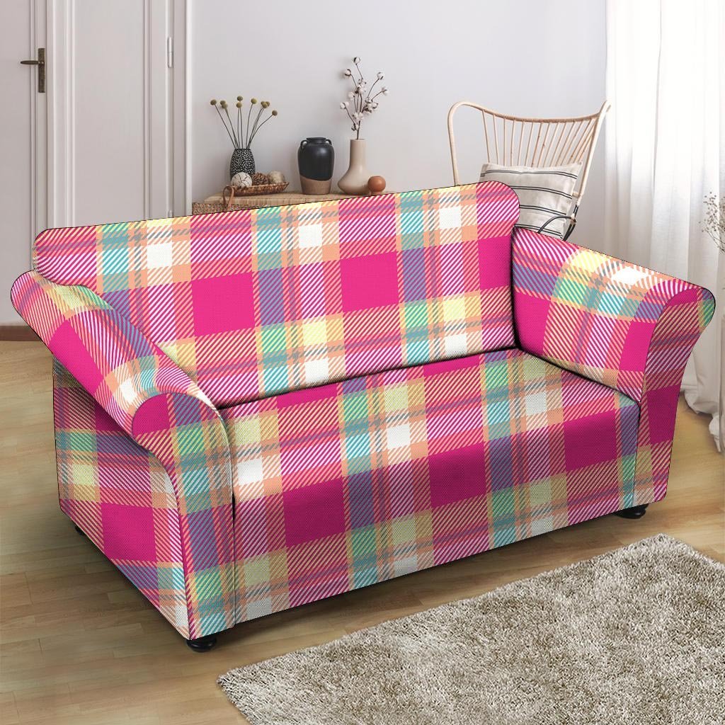 Pink Plaid Tartan Print Loveseat Cover-grizzshop