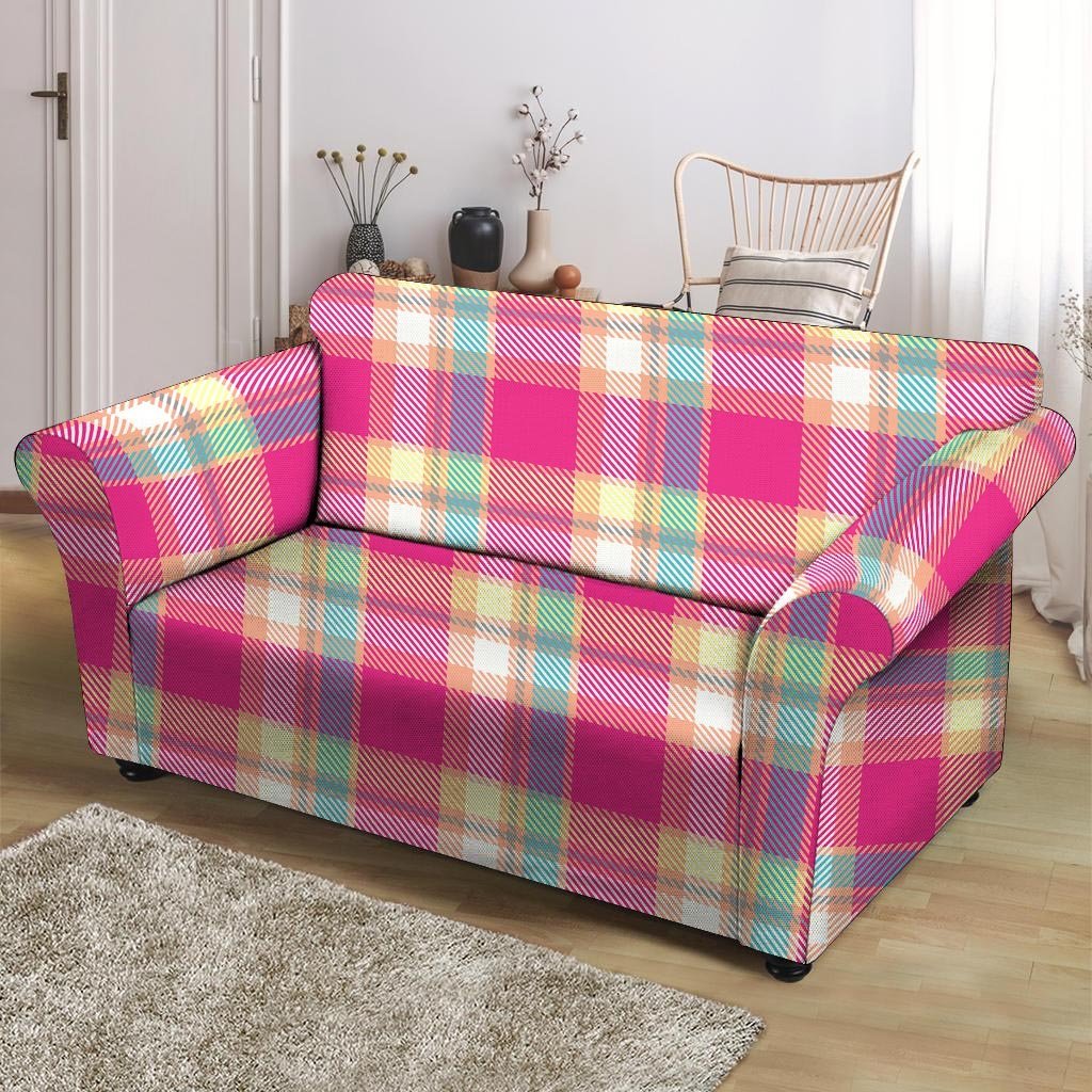 Pink Plaid Tartan Print Loveseat Cover-grizzshop