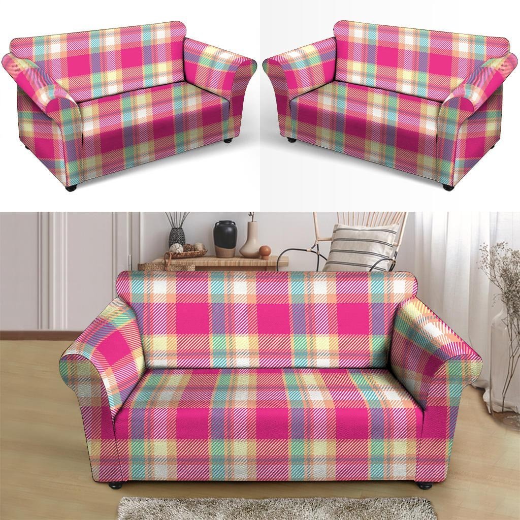 Pink Plaid Tartan Print Loveseat Cover-grizzshop