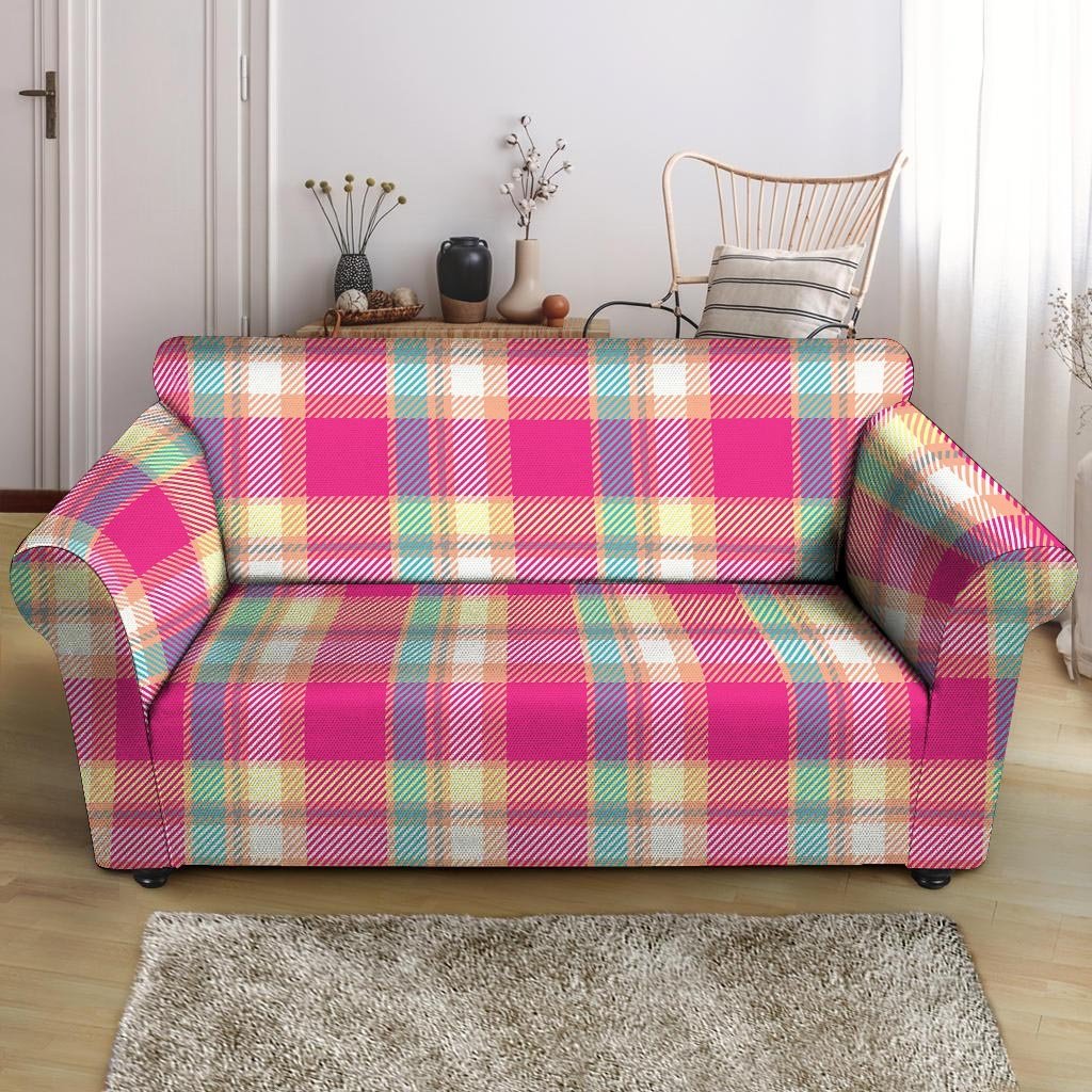 Pink Plaid Tartan Print Loveseat Cover-grizzshop