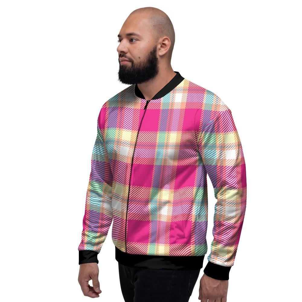 Pink Plaid Tartan Print Men's Bomber Jacket-grizzshop