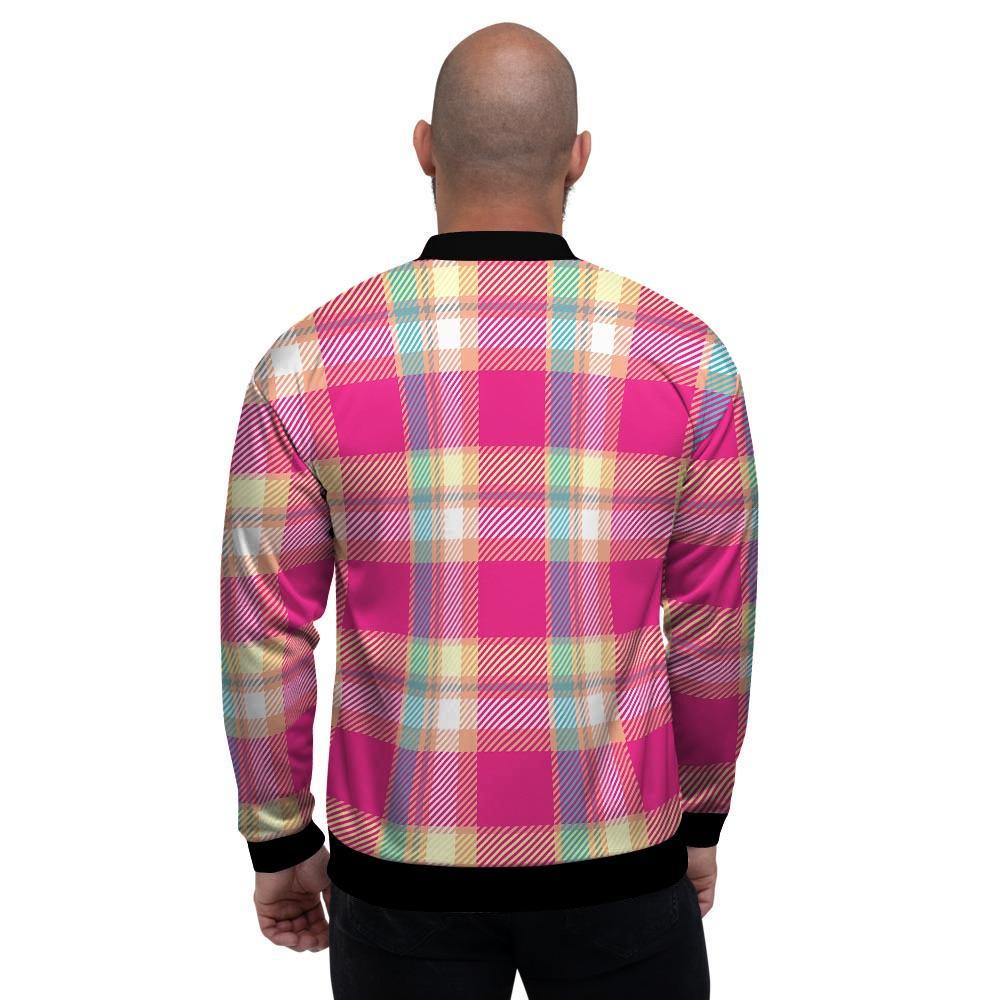 Pink Plaid Tartan Print Men's Bomber Jacket-grizzshop