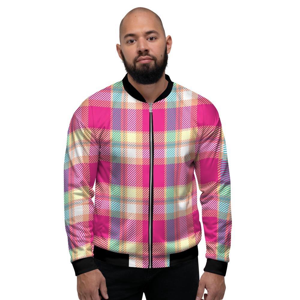 Pink Plaid Tartan Print Men's Bomber Jacket-grizzshop